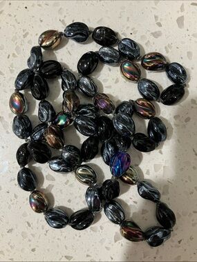 Iridescent Black Glass Bead Necklace - Unbranded